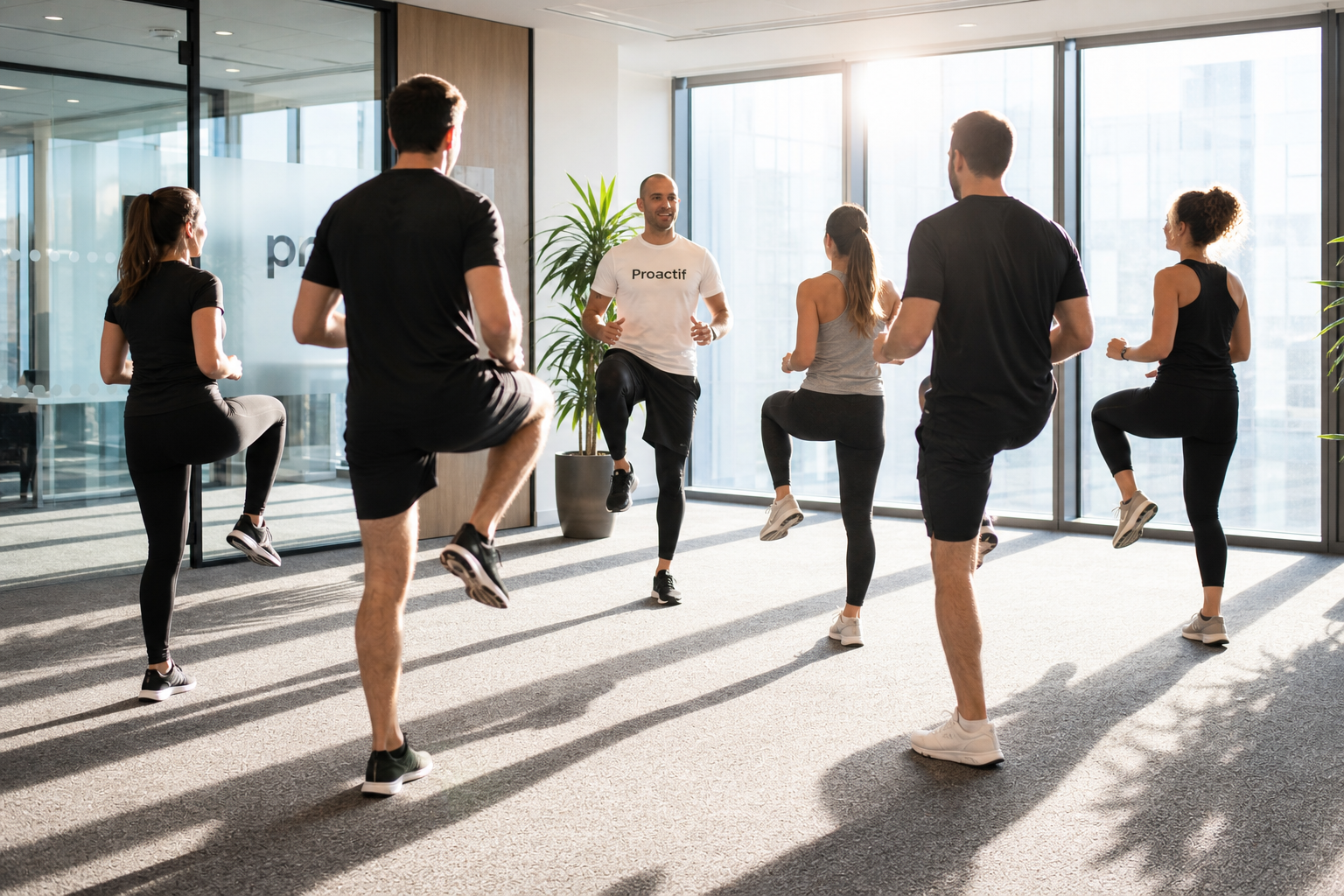 Séance de sport collective animée par un coach ProActif dans les locaux d'une entreprise